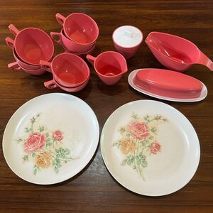 Vintage Pink Stetson Melmac Set Cups Gravy Butter Dish Plates Sugar Bowl